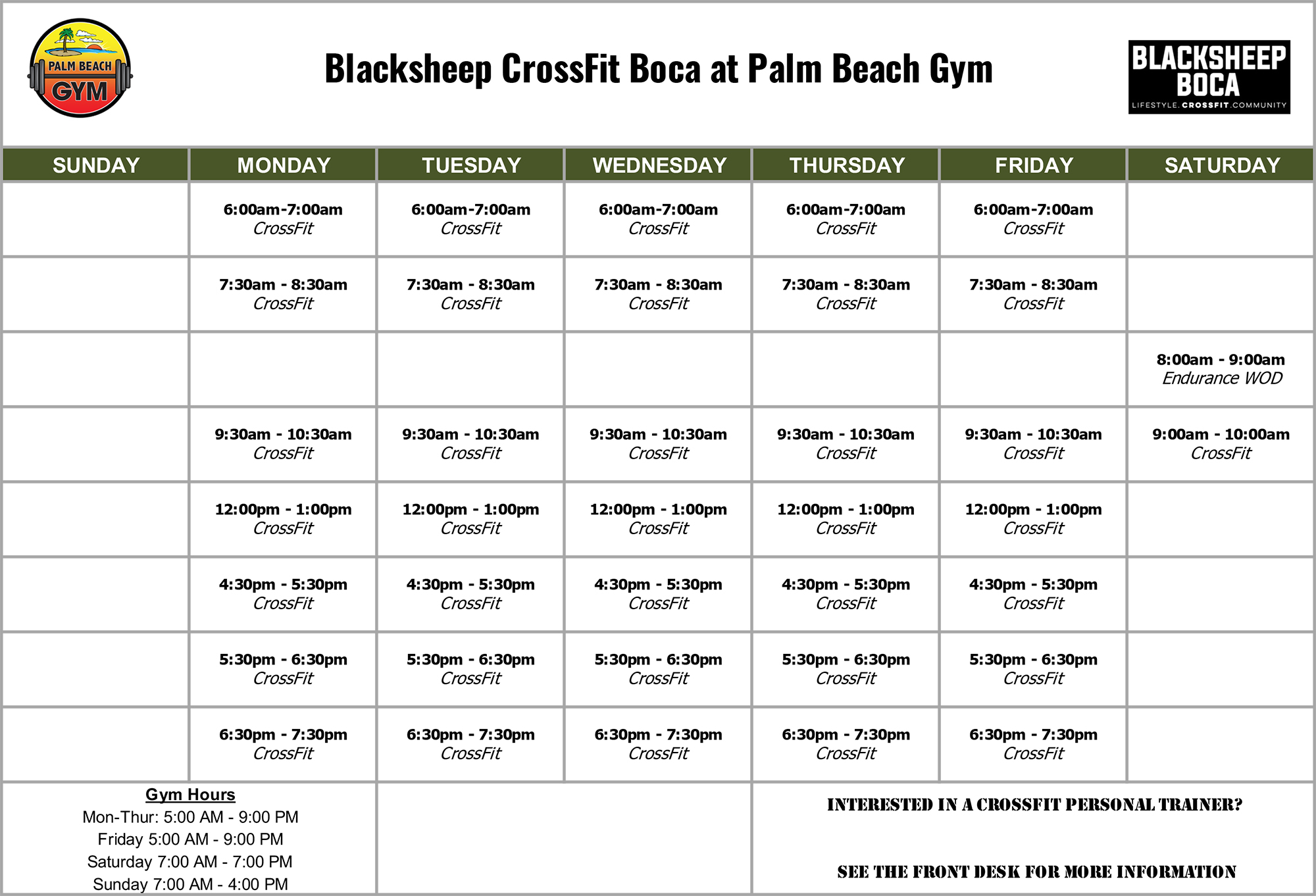 Blacksheep Boca CrossFit Class Schedule for December 2021