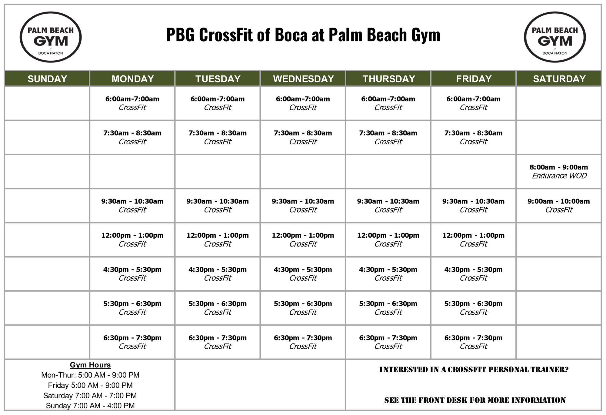 PBG CrossFit of Boca Class Schedule 2022