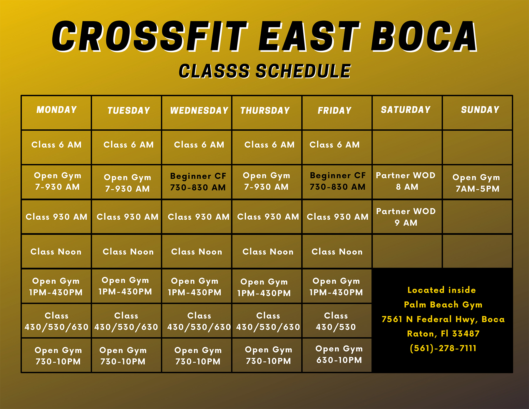 CrossFit East Boca Group Class Schedule - Fall 2023
